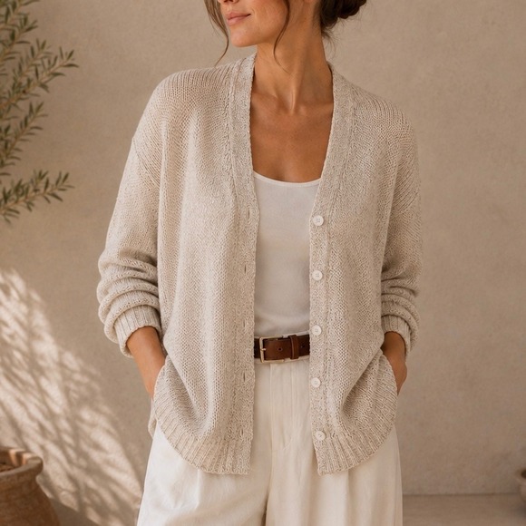 Eileen Fisher Sweaters - Eileen Fisher Organic Linen Cardigan L Oatmeal Open Knit Coastal Minimalist